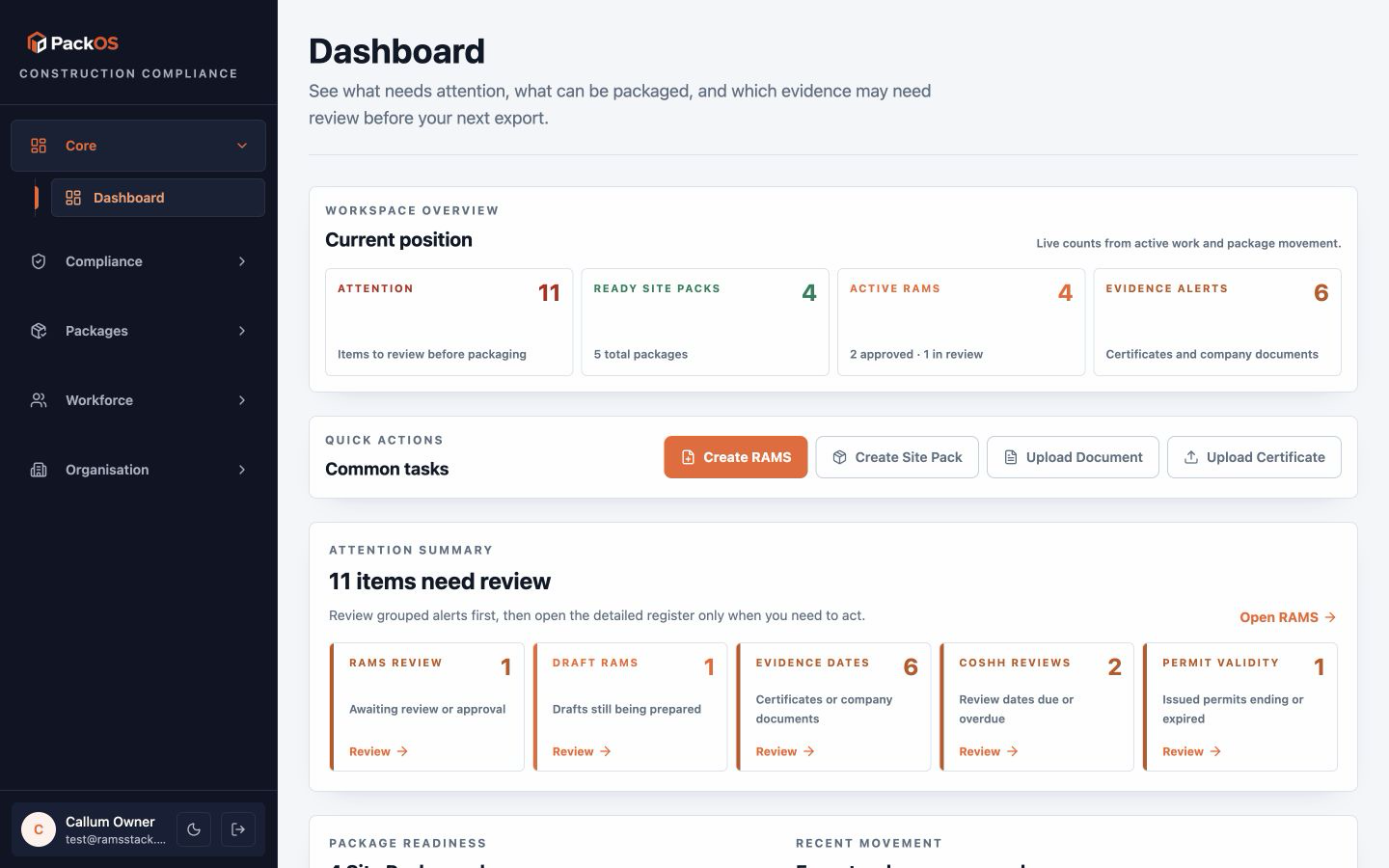 PackOS dashboard