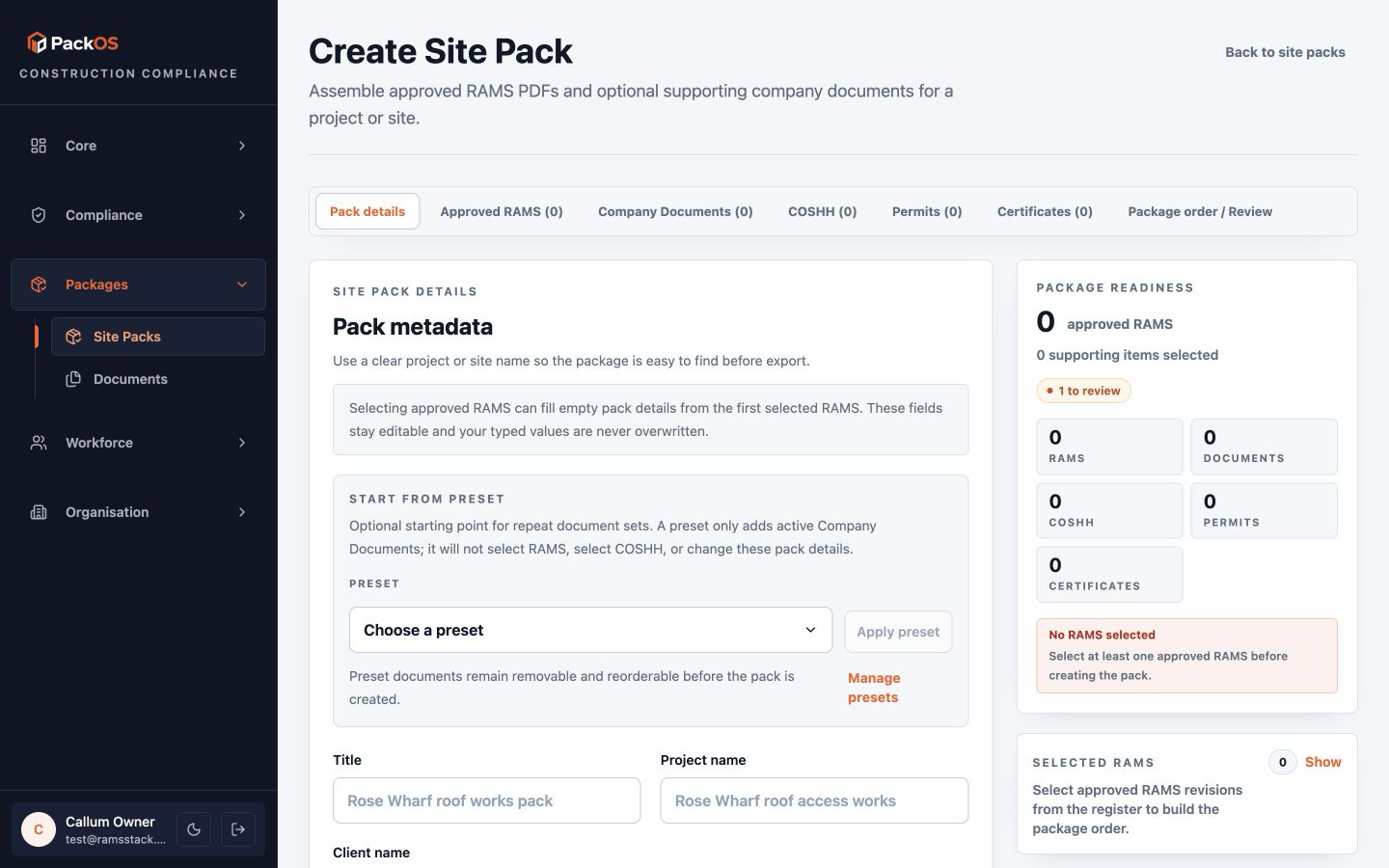 PackOS Site Pack creation workflow